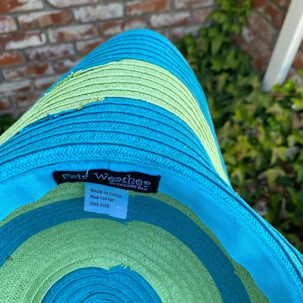 Fair Weather Blue and Green Striped Wide-Brim  Sun Hat - Picture 2 of 9